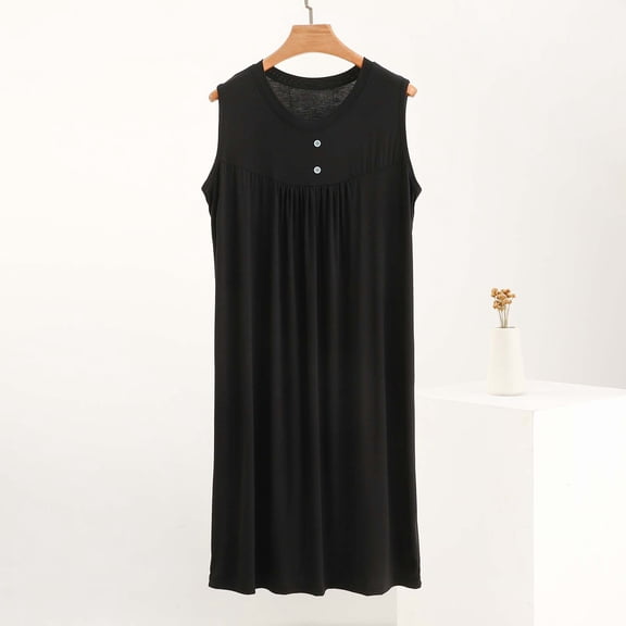 QUNYINEY Modal Moo Moos for Women Nightgown Sleeveless Black Button Loungewear Pleated Crew Neck Long Womens Gowns Sleepwear