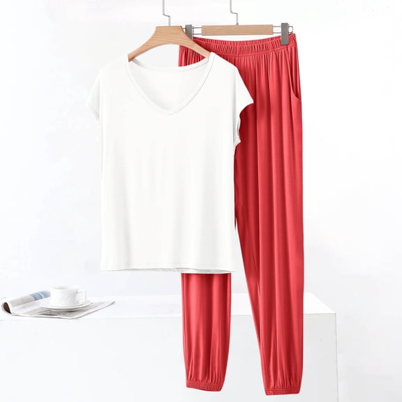 QUNYINEY Modal Pajamas for Women Set 2 Piece White Short Sleeve Soft Top And Pants Casual V Neck Ladies Loungewear Sets
