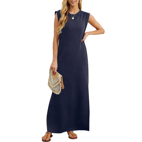 QUNYINEY Navy Blue Sun Dresses Women Sleeveless Casual Summer Tank Dresses with Slit Loose Fit Crew Neck Flowy Maxi Dresses