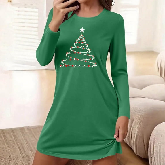 QUNYINEY Nightgowns for Women Crew Neck Long Sleeve Christmas Soft Nightshirt Short Loose Fit Night Shirts for Women Sleepwear