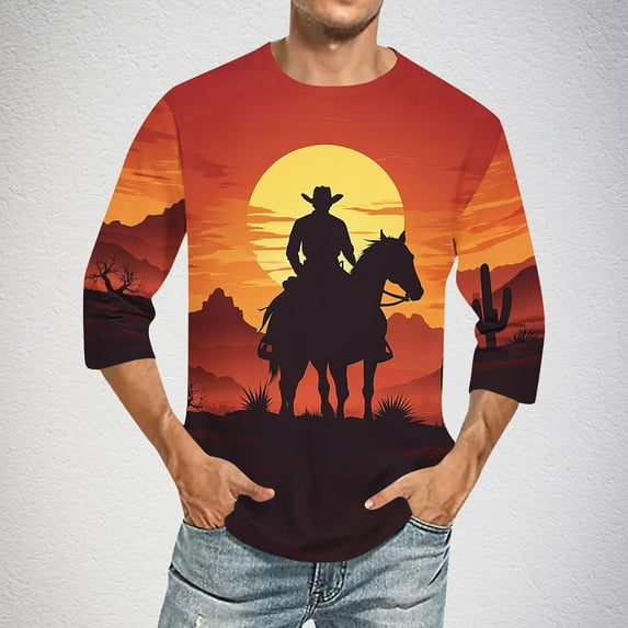 QUNYINEY Orange T Shirts for Man Casual 3/4 Sleeve Western Cowboys Crew Neck Tops Loose Pullover Men's Shirts