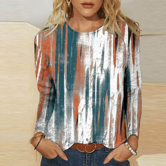 QUNYINEY Orange Womens T Shirts Crew Neck Casual Striped Long Sleeve Tops Loose Pullover Graphic Tees