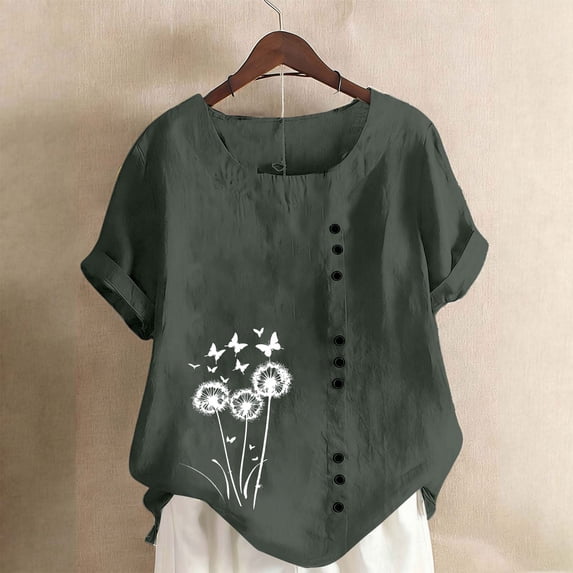 QUNYINEY Over Sized T Shirt Women Floral Short Sleeve Cotton Summer Tunic Tops Crew Neck Casual Pullover Loose Fit Button Shirts