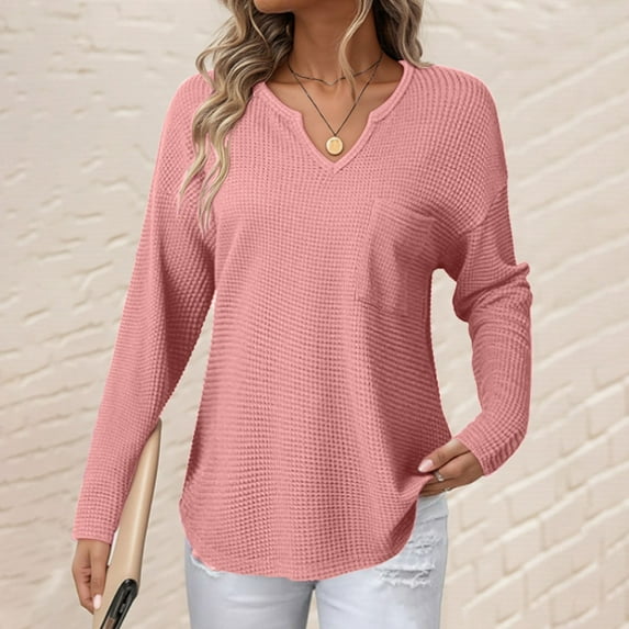 QUNYINEY Oversized Tshirts for Women Waffle Knit Long Sleeve Solid V Neck Tops Casual Loose Fit Pullover with Pockets Womens Fall Clothes