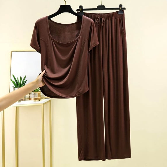 QUNYINEY Pajama Sets for Women 2 Piece Modal Brown Short Sleeve Top And Pants Comfy Crew Neck Plus Size Womens Loungewear Set