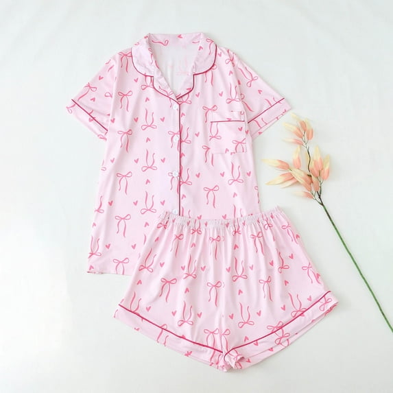 QUNYINEY Pajamas for Women Set Button Down 2 Piece Bow Nightwear and Shorts Short Sleeve Collared with Pockets Loose Fit Casual Outfits for Women