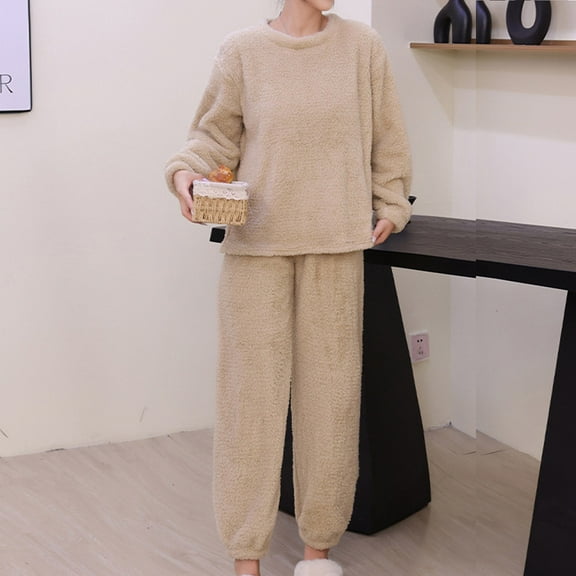 QUNYINEY Pajamas for Women Set Yellow Flannel Two Piece Soft Long Sleeve Shirts and Pants Warm Round Neck Loose Women's Sleepwear