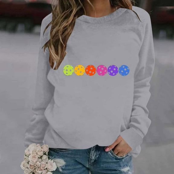 QUNYINEY Pickleball Sweatshirt for Women Casual Crew Neck Long Sleeve Gray Tops Pullover Drop Shoulder Loose Sweatshirts