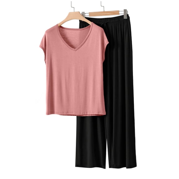 QUNYINEY Pink Women Pajamas Sets Soft Short Sleeve Modal 2 Piece Top And Pants V Neck Casual Womens Loungewear Sets
