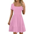 thumbnail image 1 of QUNYINEY Pink Womens Dress Short Sleeve A-Line Midi Dresses Loose Fit Square Neckline Summer with Pockets Dresses, 1 of 6