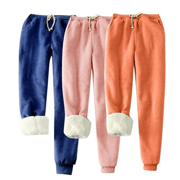 QUNYINEY Pink Womens Pants Winter Jogger Fleece Lined 3 Pc Loungewear Relaxed Fit Workout Elastic Waist Pink Drawstring Pants