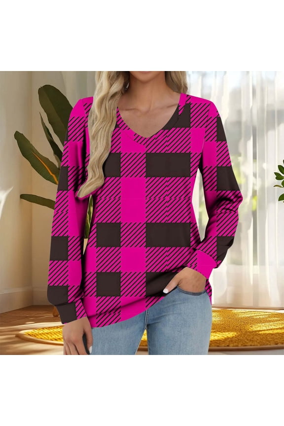 Plaid Fall Shirts Women Long Sleeve V Neck Tops Pullover Loose Fit Graphic Tees