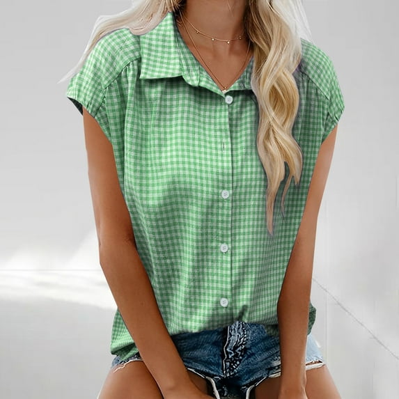 QUNYINEY Plaid Summer Button Down Shirts for Women Casual Short Sleeve Collared Tops Going Out Loose Shirts