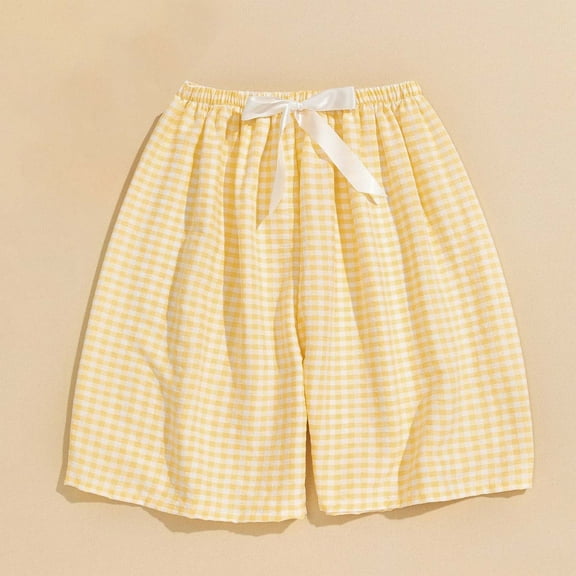 QUNYINEY Plaid Summer Shorts for Women Mid Rise Casual Bermuda Shorts Elastic Waist Drawstring Wide Leg Loose Shorts