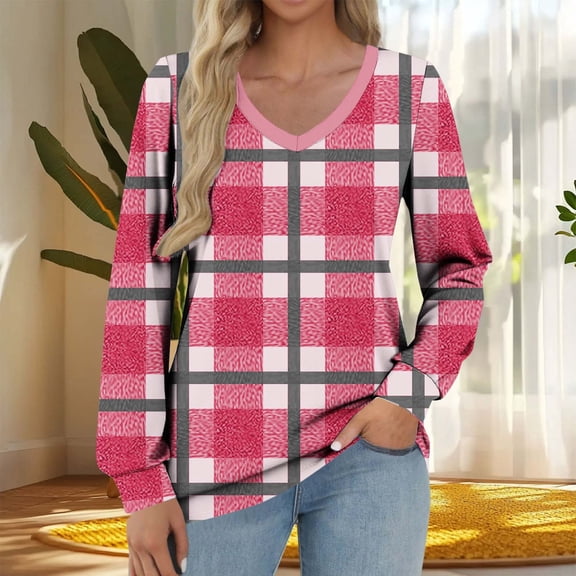 QUNYINEY Plaid Tshirts Shirts for Women V Neck Long Sleeve Tops Loose Fit Pullover Graphic Tees