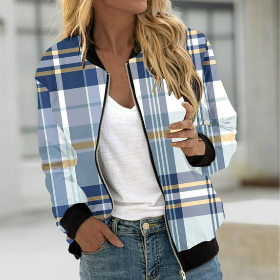 QUNYINEY Plaid Winter Jackets for Women Zip Up Blue Casual Bomber Lightweight Jacket Stand Collar Long Sleeve Slim Short Hoodless Jacket