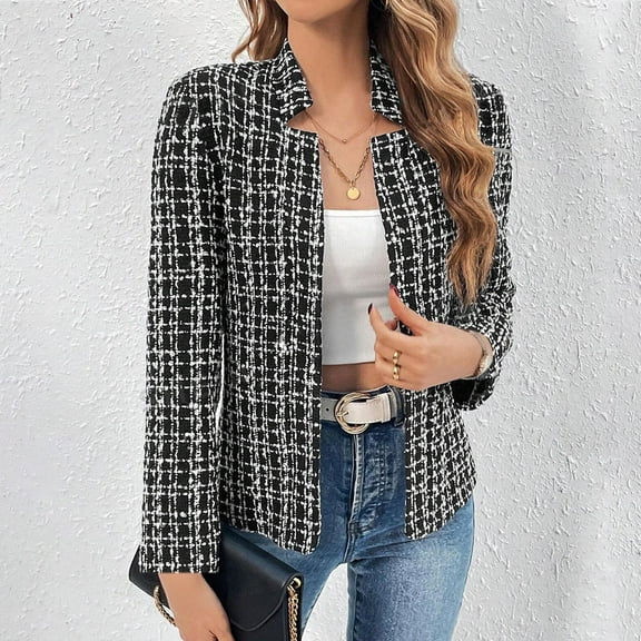 QUNYINEY Plaid Women Jacket Cardigan Outerwear Work Loose Fit Long Sleeve Lapel Collar Office Womens Winter Coat