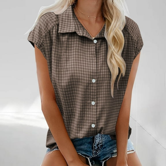 QUNYINEY Plaid Women's Button Down Shirts Collared Short Sleeve Casual Tops Loose Going Out Shirts