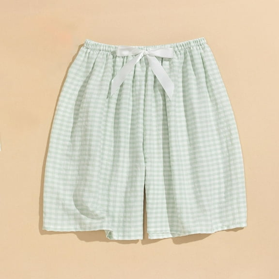 QUNYINEY Plaid Women's Shorts Mid Rise Casual Bermuda Shorts Loose Elastic Waist Drawstring Wide Leg Shorts