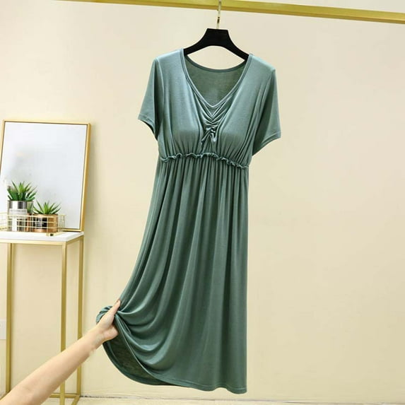 QUNYINEY Pleated Nightgowns for Women Plus Size Green Cotton Short Sleeve Nightshirt V Neck with Built In Bra Long Womens Gowns Sleepwear