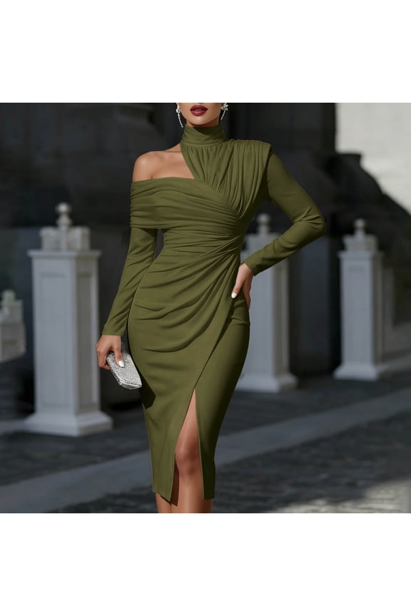 Pleated Summer Wedding Dresses for Women Formal Long Sleeve Elegant Midi Cocktail Dresses Mock Neck with Slit Slim Fit Solid Bodycon Dresses