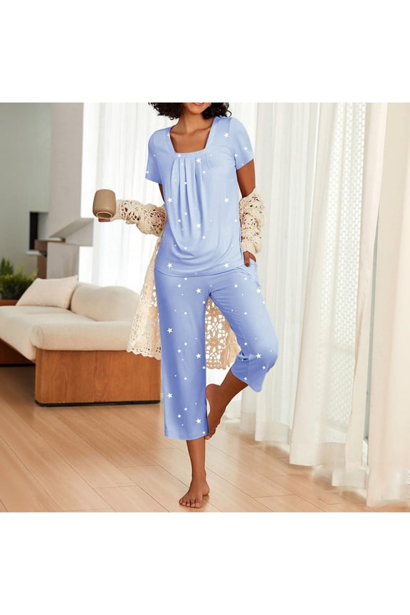 Pleated Women Pajamas Sets Soft Star 2 Piece Short Sleeve Shirts And Pants Square Neck with Pockets Softies Loungewear Set for Women