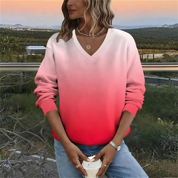 QUNYINEY Plus Size Sweatshirts for Women Gradient Crew Neck Long Sleeve Pullover No Hood Shirts Loose Fit Winter Women's Tops