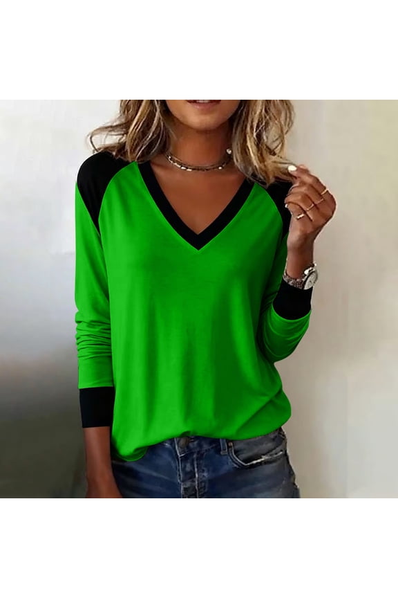 Plus Size Tshirts for Women Colorblock Long Sleeve Crew Neck Tops Loose Fit Pullover Classic T-Shirt