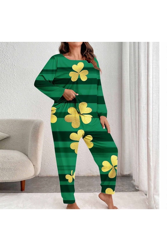 Plus Size Woman Pajama Set St Patricks Day 2 Piece Comfy Long Sleeve Shirts And Pants Casual Crew Neck Softies Loungewear Set for Women