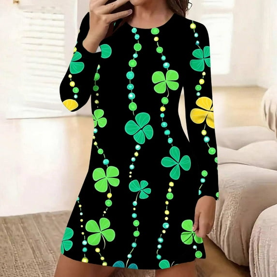 QUNYINEY Plus Size Women Nightgown St Patricks Day Long Sleeve Cotton Sleepwear Comfy Knee Length Crew Neck Loungewear for Women
