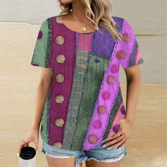 QUNYINEY Polka Dot Tops for Women Trendy Casual Short Sleeve Crew Neck Shirts Pleated Plus Size Loose Pullover Tops