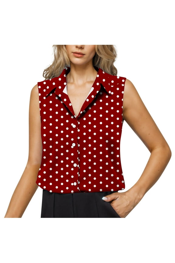 Polka Dot Women Button Down Shirt Sleeveless Casual Collared Tops Loose Shirts
