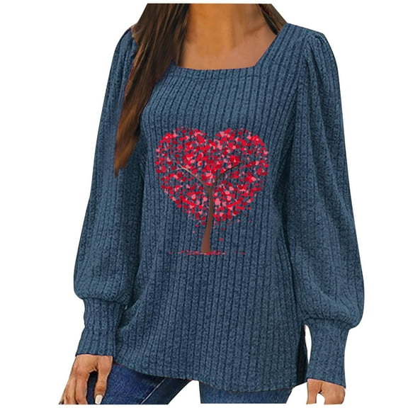 QUNYINEY Puff Long Sleeve Womens Shirts Square Neckline Casual Blue Valentine's Day Tops Drop Shoulder Pullover Loose Ribbed Knit T-Shirts Women Tops