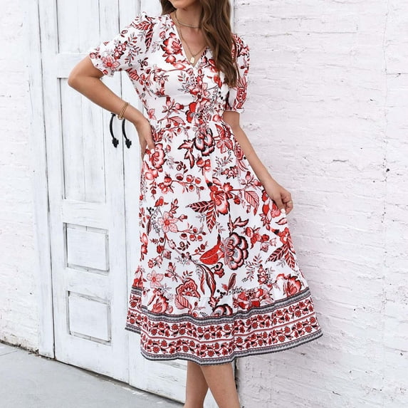 QUNYINEY Puff Short Sleeve Women's Dresses Floral Casual A-Line Dress Empire Waist V Neck Flowy Maxi Sundress