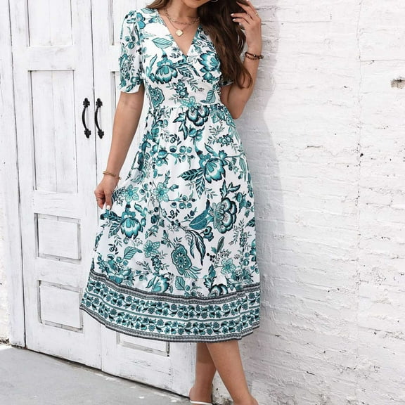 QUNYINEY Puff Short Sleeve Womens Dress Casual Floral A-Line Dress Empire Waist V Neck Flowy Maxi Sundress