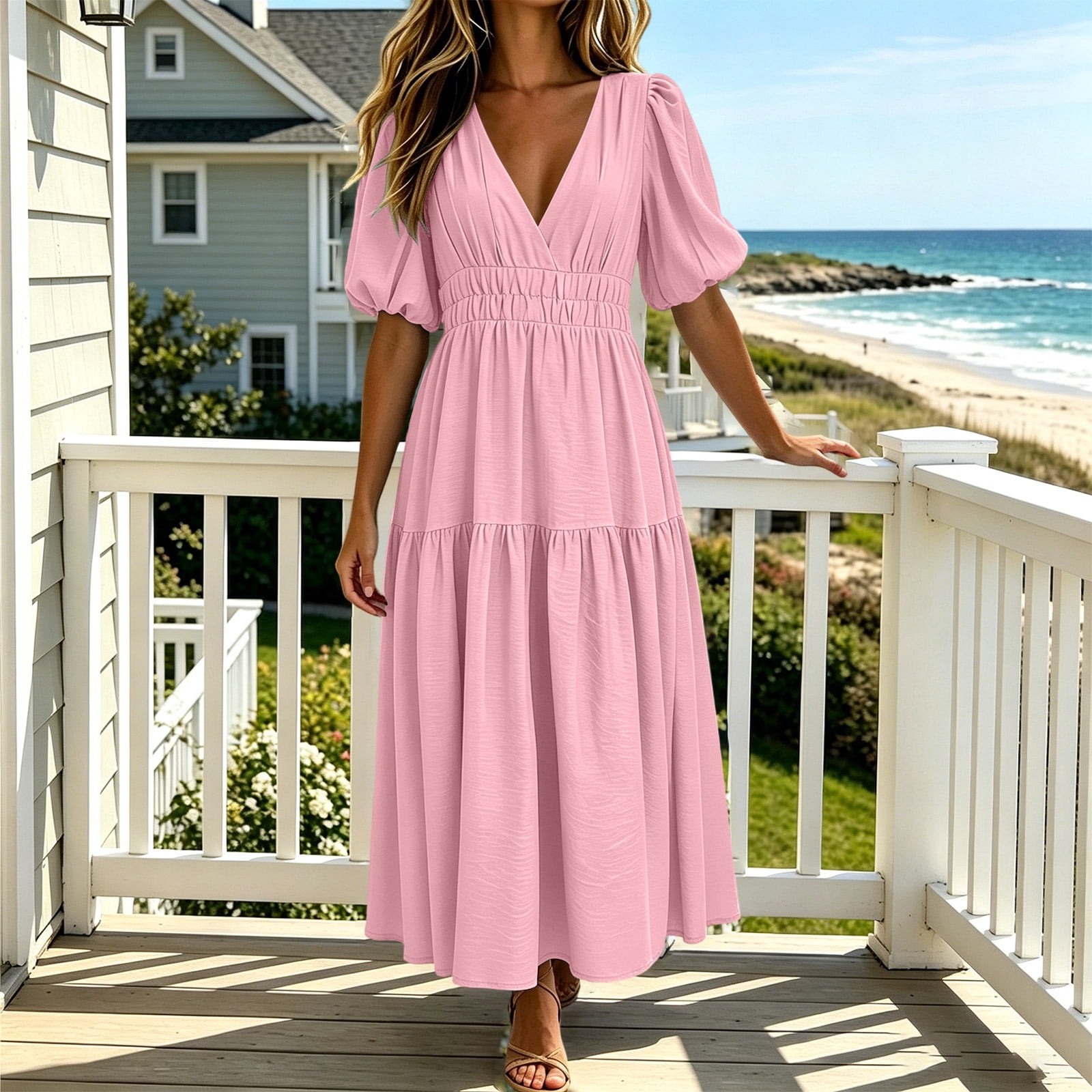 pink a line dress plus size Qunyiney Puff Short Sleeve Womens Summer Dresses Casual Flowy Long Pleated V Neck Loose Fit Vacation Dresses, Women's HOCO26 full length backless dress halter Modal Size:US 12