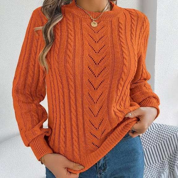 QUNYINEY Pullover Fall Sweaters for Women Cable Knit Solid Crew Neck Orange Tops Casual Regular Long Sleeve Sweaters