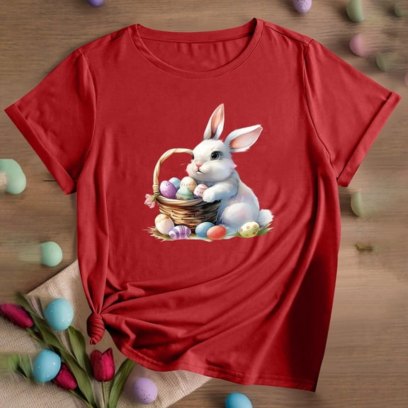 QUNYINEY Pullover Shirts for Women Crew Neck Casual Short Sleeve Easter Tops Loose Womens Summer Tops