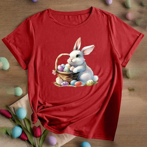 QUNYINEY Pullover Shirts for Women Crew Neck Casual Short Sleeve Easter Tops Loose Womens Summer Tops