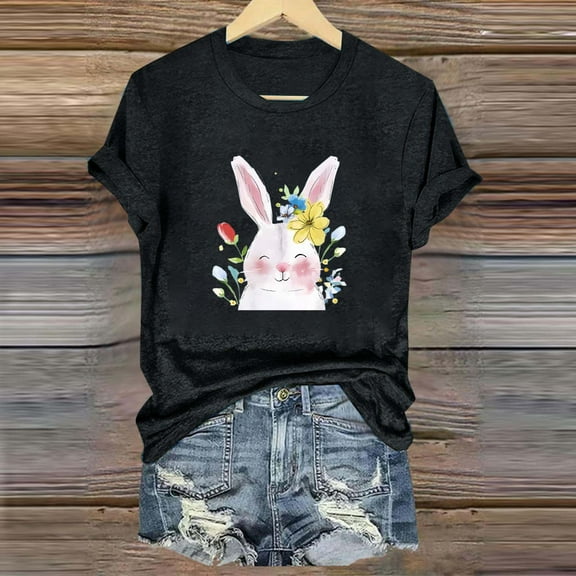 QUNYINEY Pullover Shirts for Women Easter Short Sleeve Crew Neck Casual Tops Loose Tops for Women