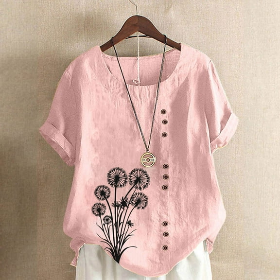 QUNYINEY Pullover Shirts for Women Short Sleeve Dandelion Casual Crew Neck Tops Loose Button Linen Womens Tops Trendy