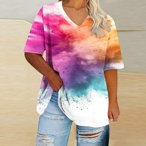 QUNYINEY Pullover Shirts for Women Short Sleeve Tie Dye Casual V Neck Tops Plus Size Loose Womens Tops