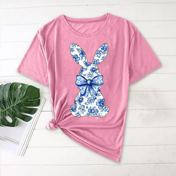 QUNYINEY Pullover Shirts for Women Trendy Casual Easter Short Sleeve Crew Neck Tops Loose Women's Tops