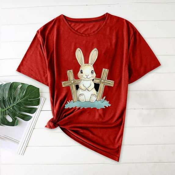 QUNYINEY Pullover Shirts for Women Trendy Casual Short Sleeve Crew Neck Easter Tops Loose Womens Summer Tops