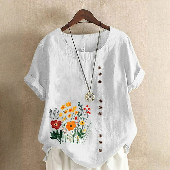 QUNYINEY Pullover Shirts for Women Trendy Casual Short Sleeve Floral Crew Neck Tops Button Loose Linen Women Tops