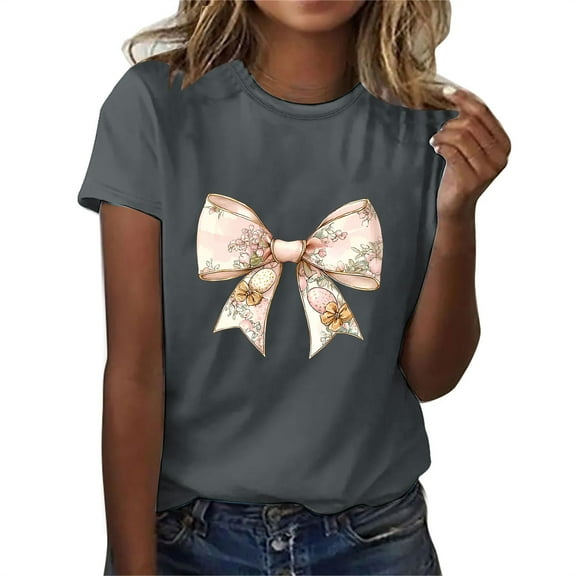 QUNYINEY Pullover Shirts for Women Trendy Short Sleeve Casual Easter Crew Neck Tops Loose Funny Tops for Women