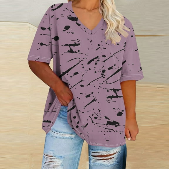 QUNYINEY Pullover Shirts for Women Trendy V Neck Casual Tie Dye Short Sleeve Tops Plus Size Loose Summer Tops for Women