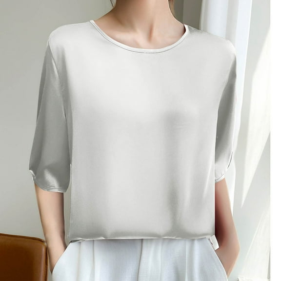 QUNYINEY Pullover Summer Tops for Women Short Sleeve Casual Solid Crew Neck Shirts Loose Ice Silk Shirts for Women Trendy
