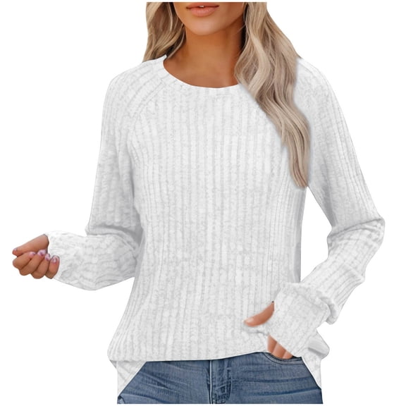 QUNYINEY Pullover Sweater Women White Ribbed Knit Solid Crew Neck Tops Casual Long Sleeve Lightweight Loose Sweaters
