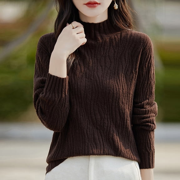 QUNYINEY Pullover Sweater for Women Brown Solid Mock Neck Ribbed Knit Tops Long Sleeve Slim Casual Sweaters